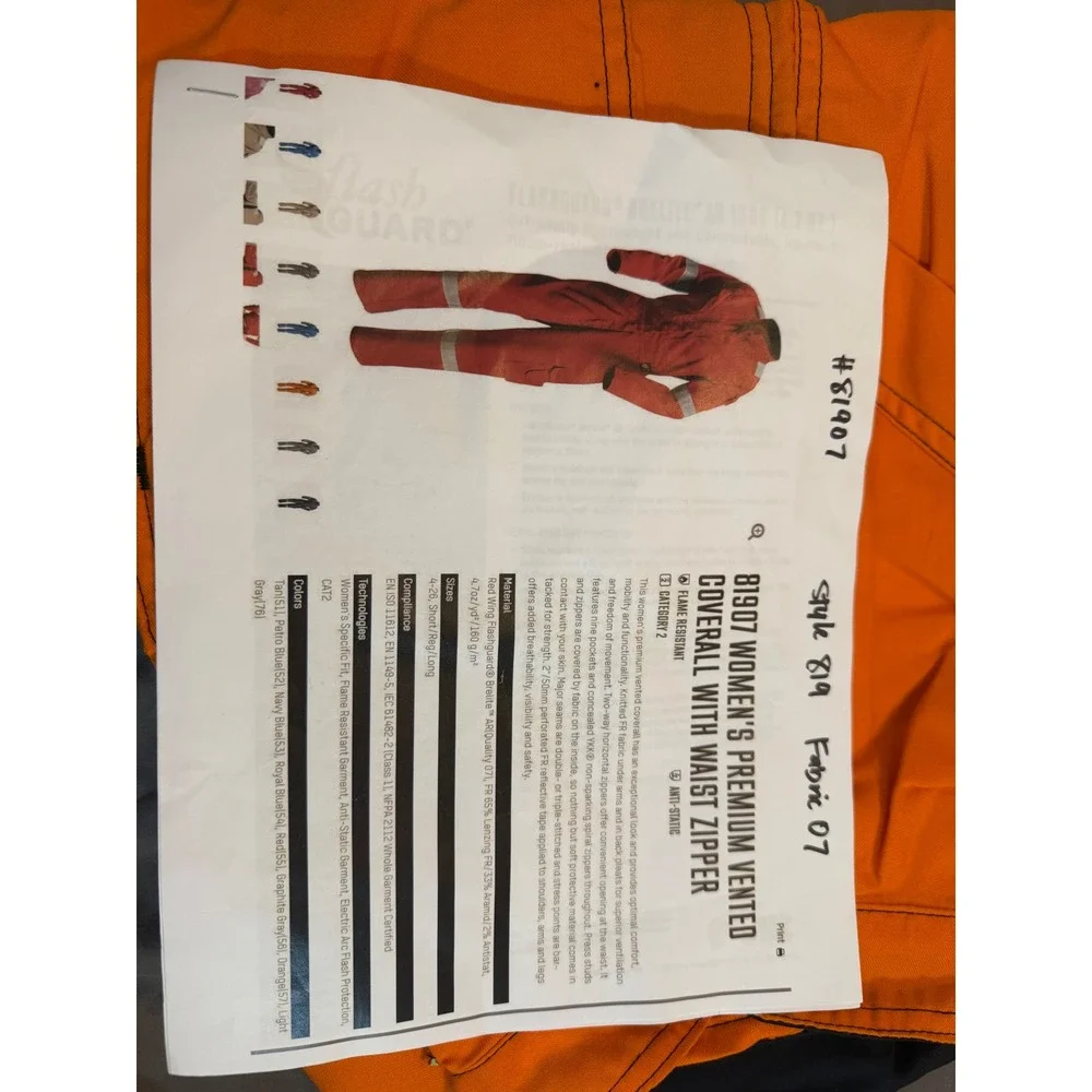Red Wing 81907 Womens Premium Vented Coverall Orange FR Flame Resistant Size R06